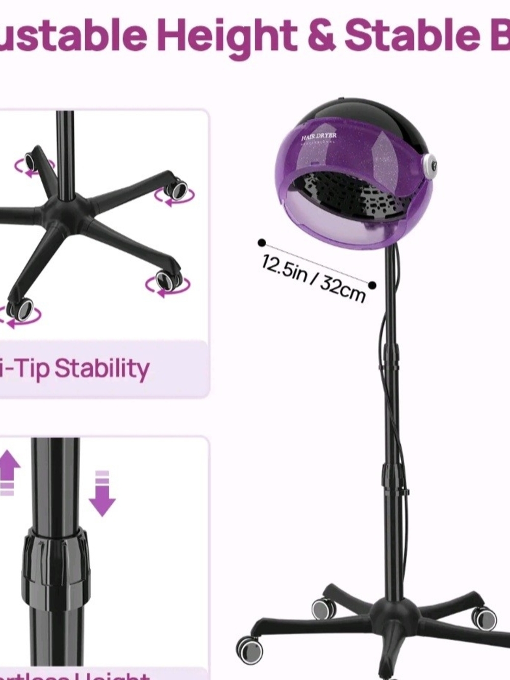 Purple Salon Hood Hair Dryer on Rolling Stand - Picture 5 of 6